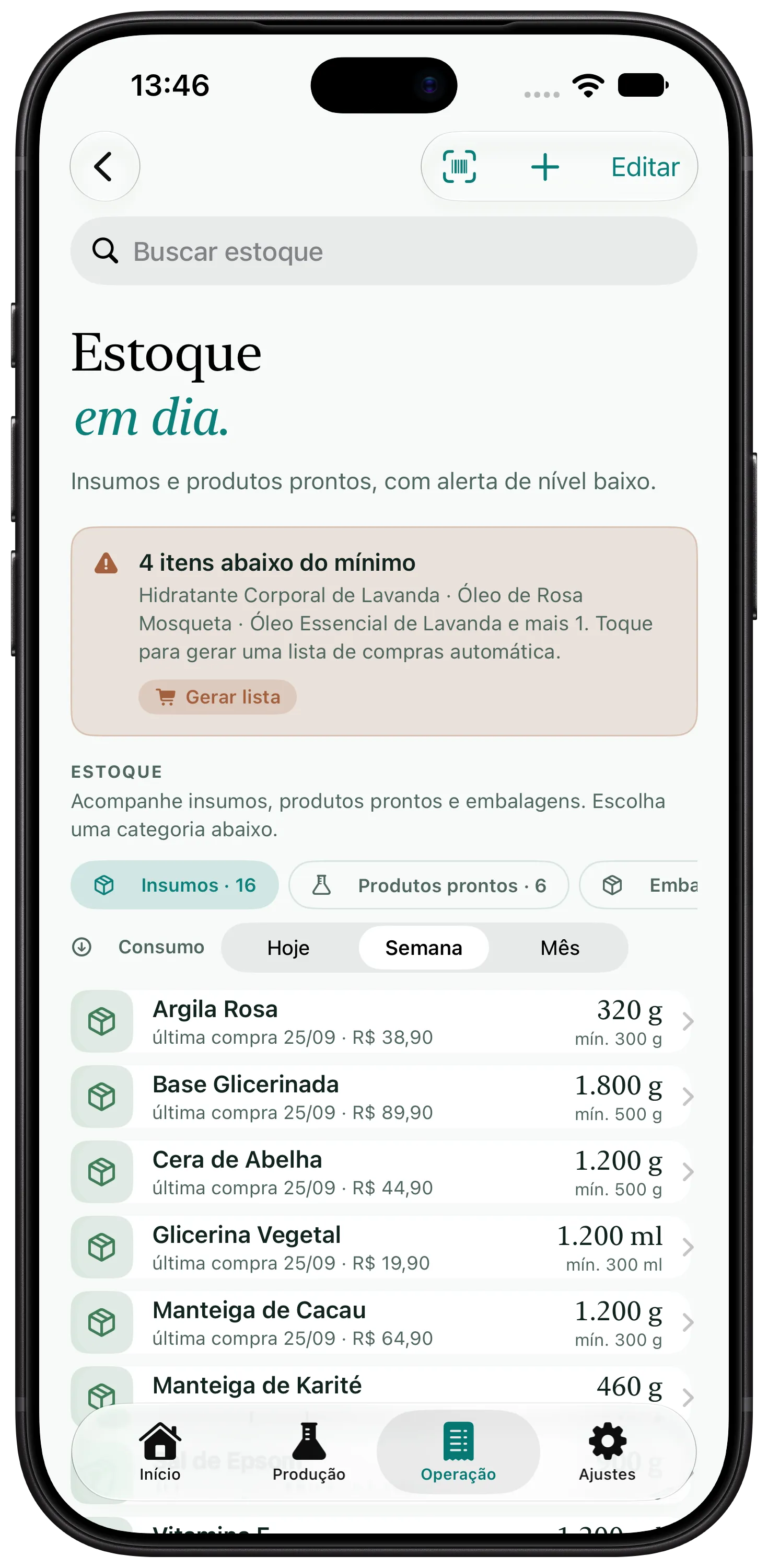 Tela do Artisan View com o estoque de matérias-primas e o alerta de itens abaixo do mínimo