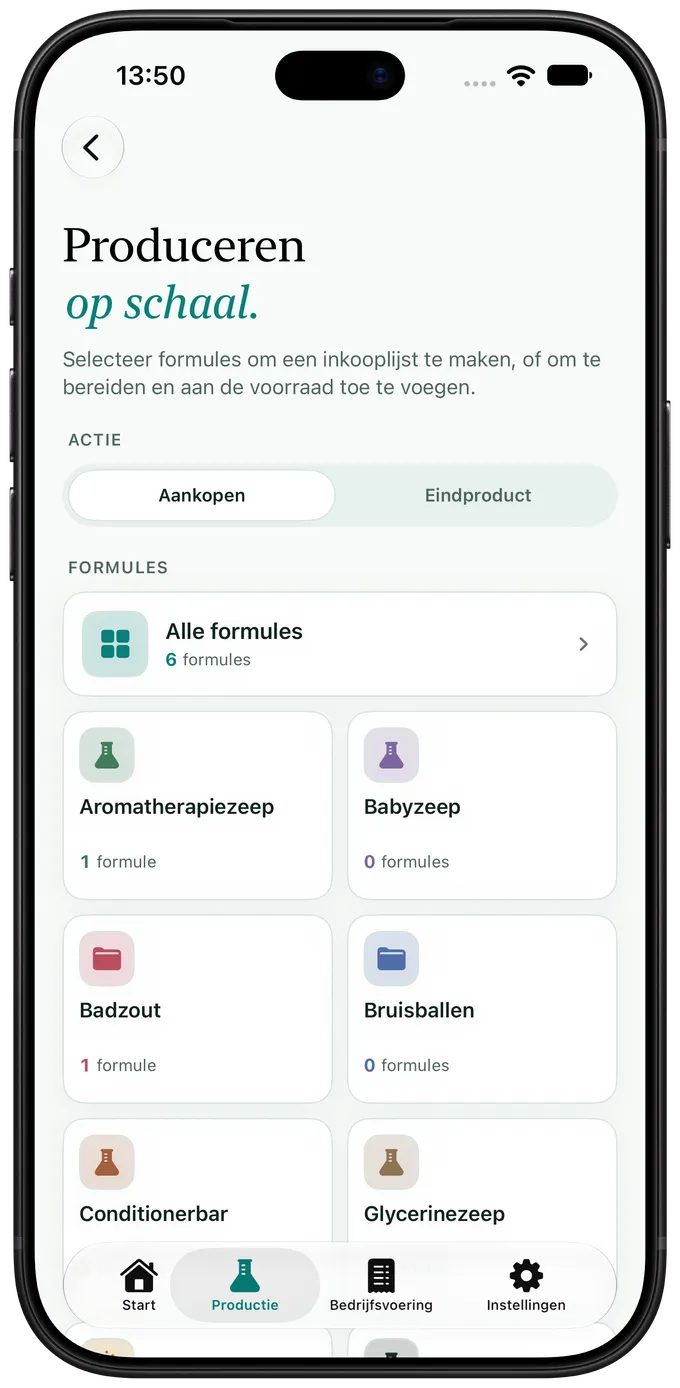 Batchproductie in Artisan View met recepten geselecteerd voor een inkooplijst