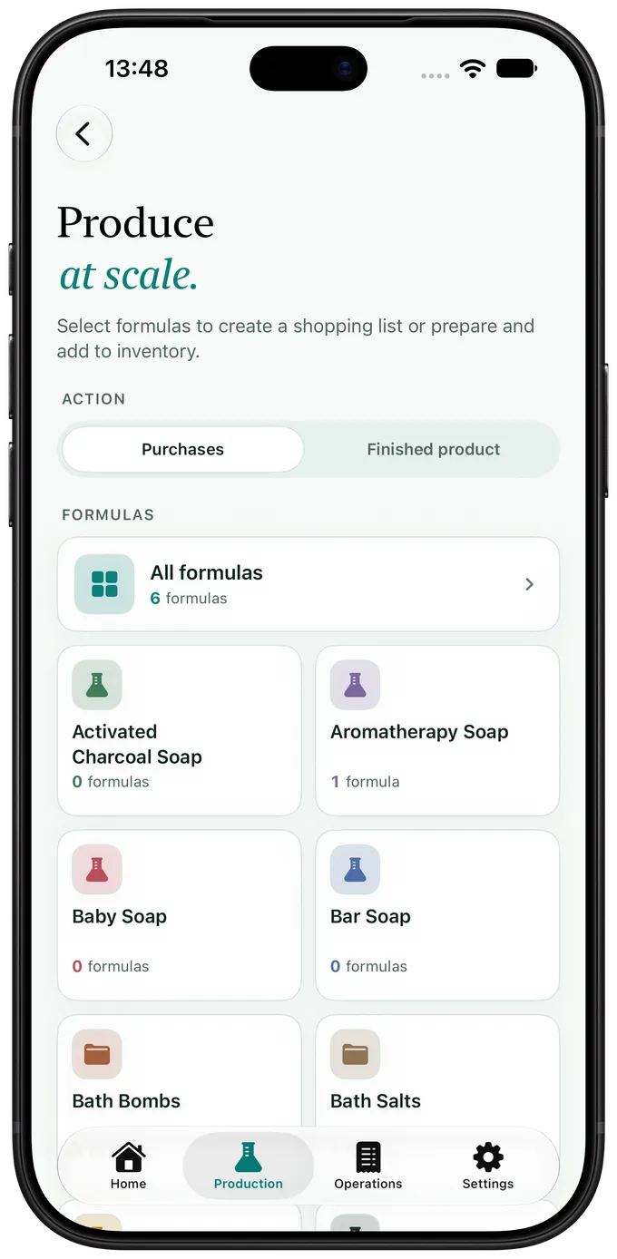 Artisan View batch-production screen with formulas selected for a shopping list