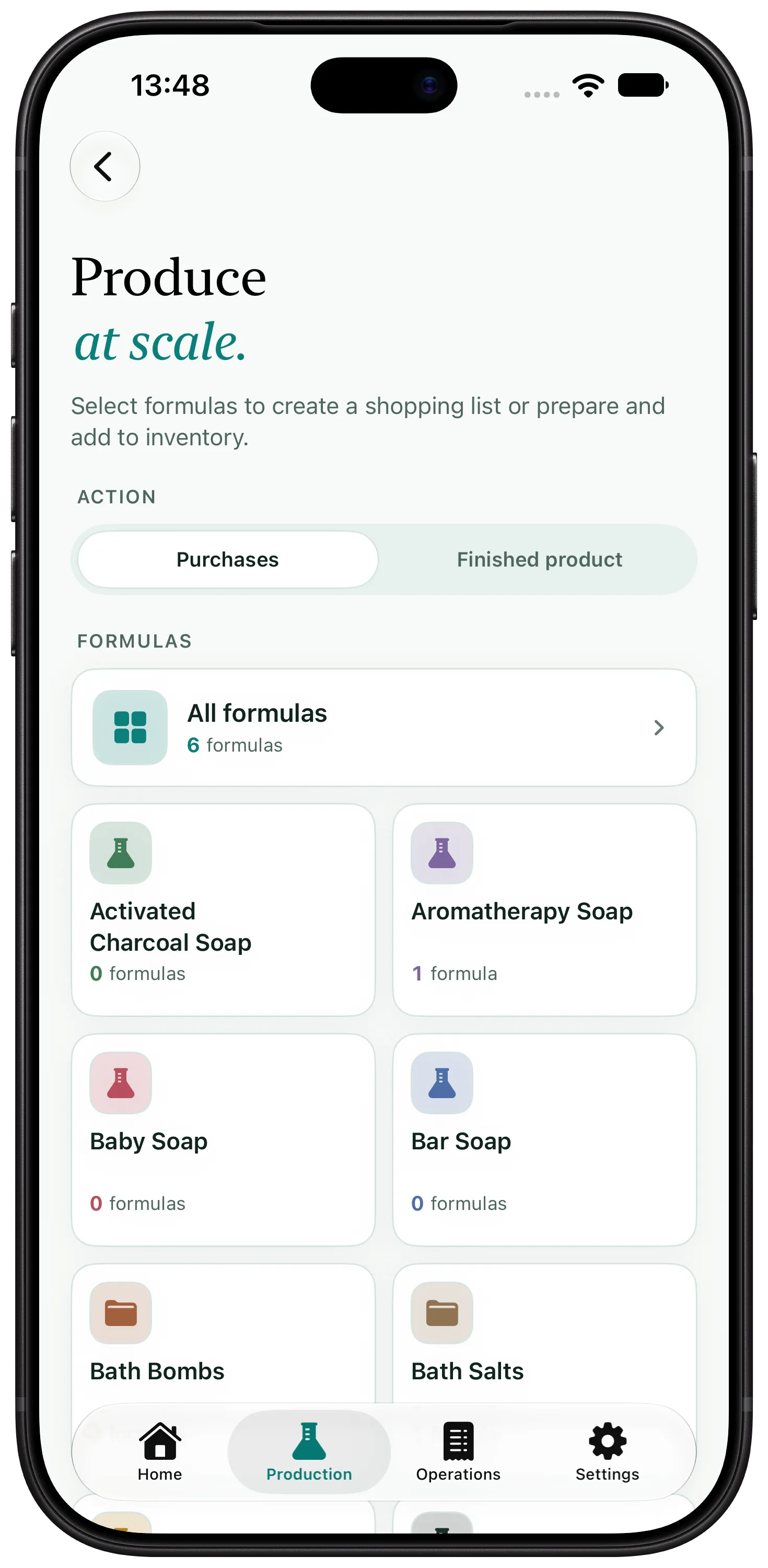 Artisan View screen showing cosmetic batch production and tracking