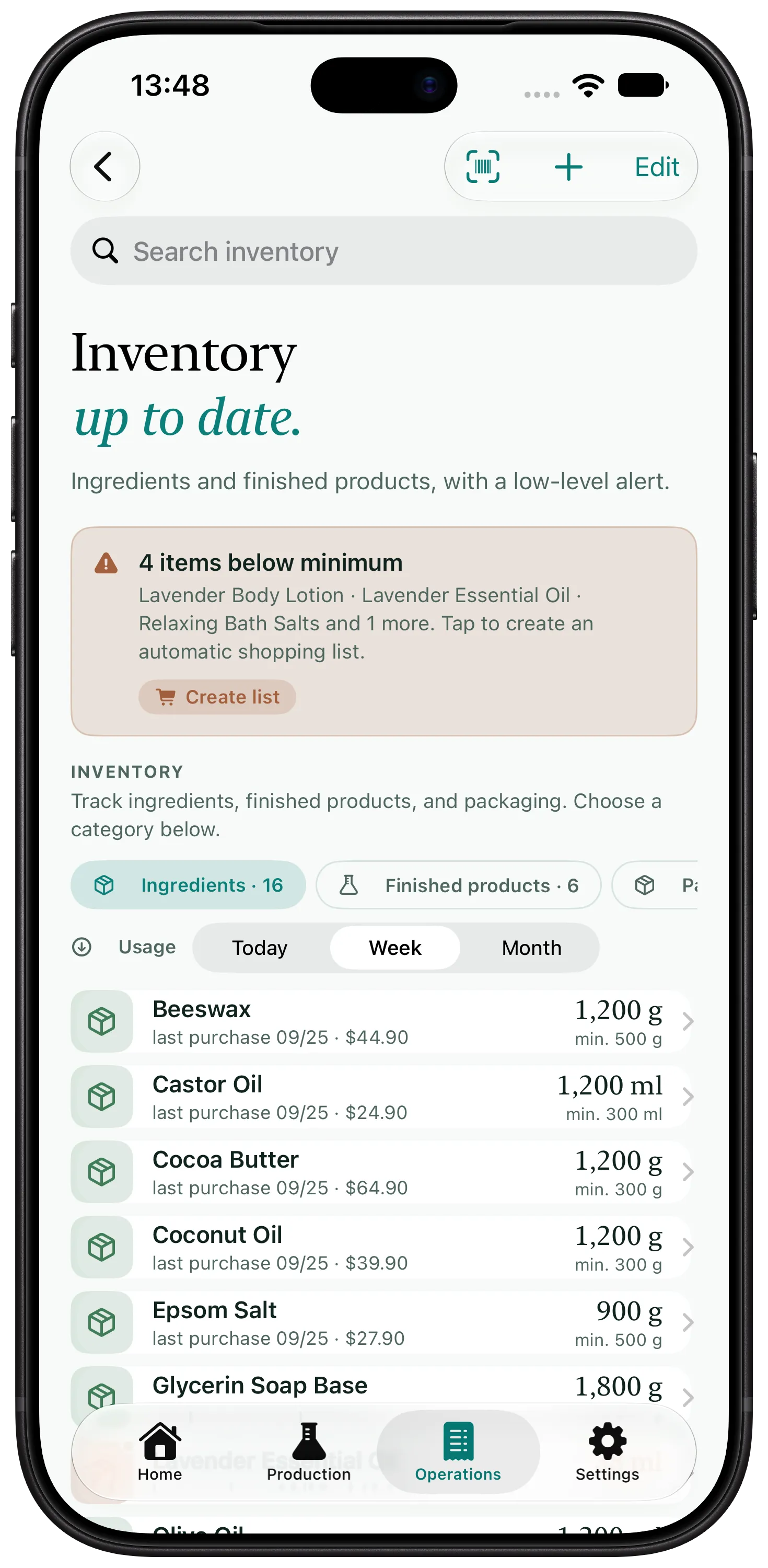 Artisan View screen showing raw-material inventory and an alert for items below their minimum level