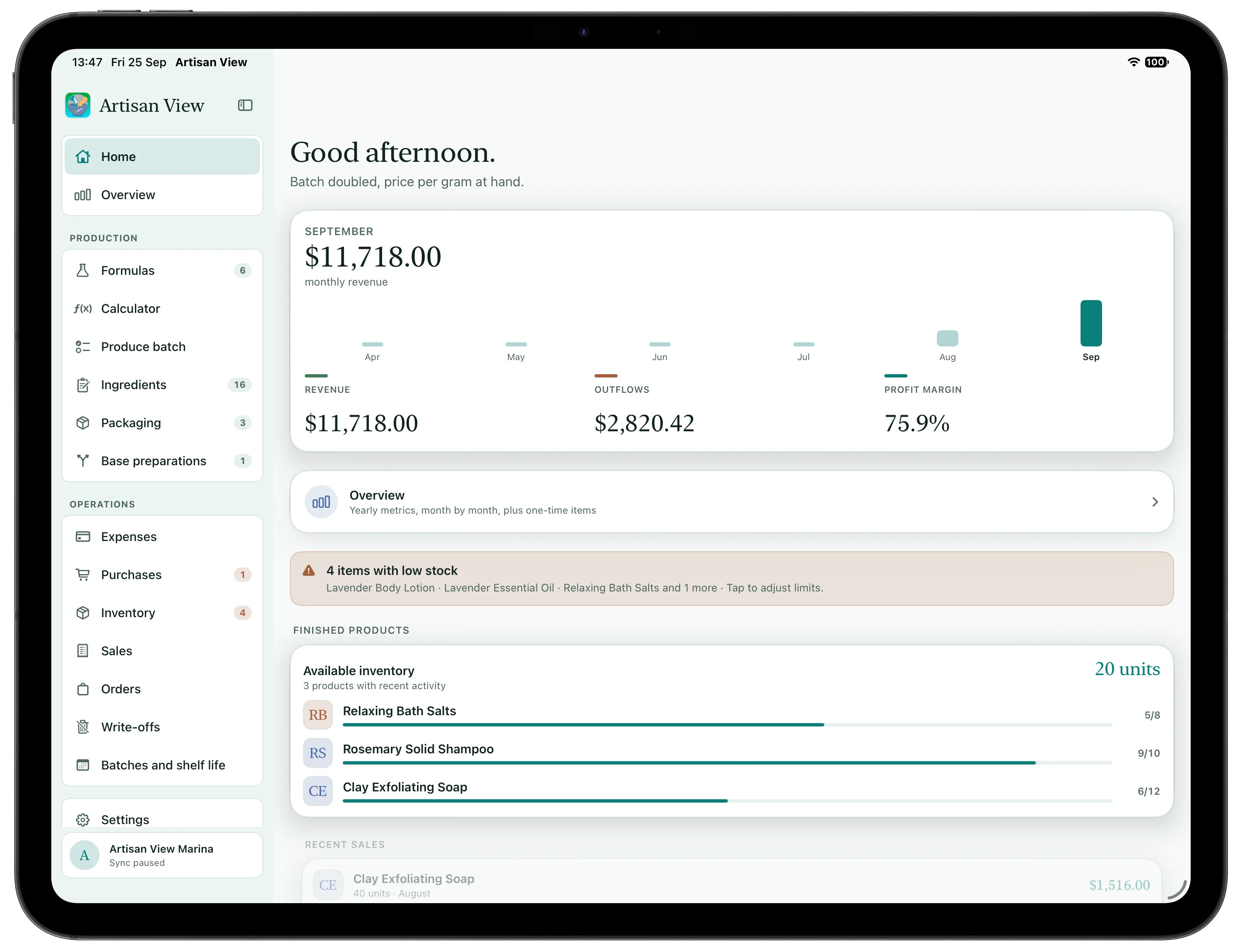 Artisan View on iPad: sidebar with formulas, batches, inventory, and sales beside the monthly dashboard
