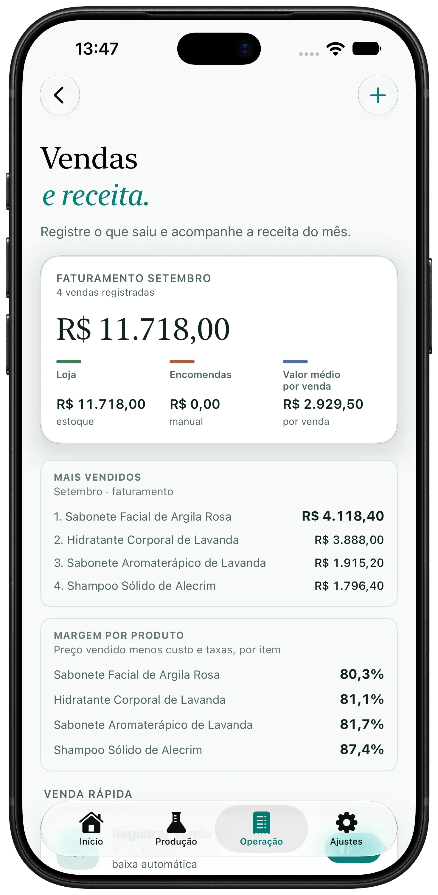 Tela do Artisan View com o faturamento do mês, a venda rápida e o histórico de vendas da saboaria
