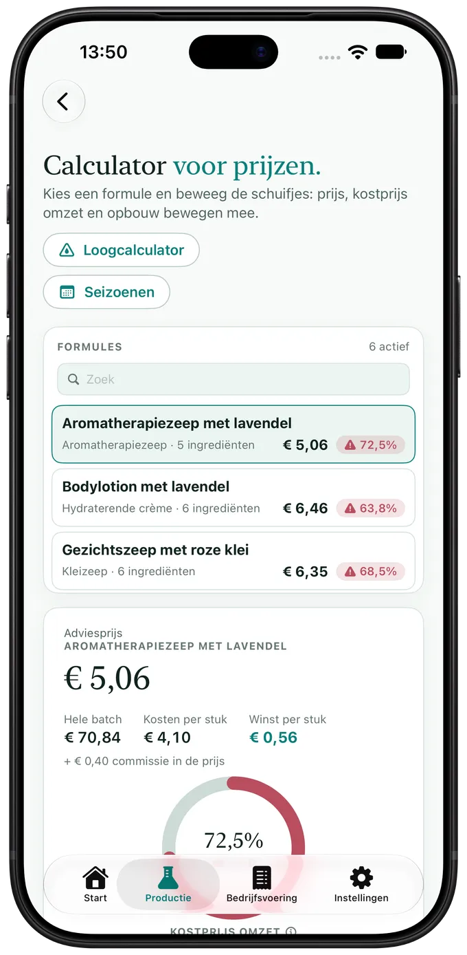 Prijscalculator van Artisan View met voorgestelde verkoopprijs, winst per stuk, kostprijs en marge