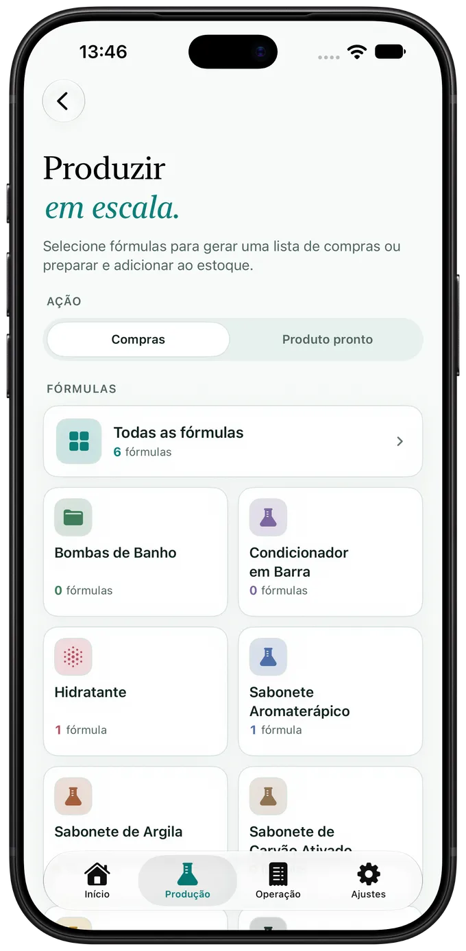 Tela de produzir lote do Artisan View, com as fórmulas selecionadas para a lista de compras