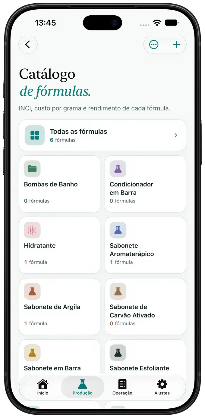 Tela de fórmulas do Artisan View, com sabonetes, hidratantes e shampoos cadastrados