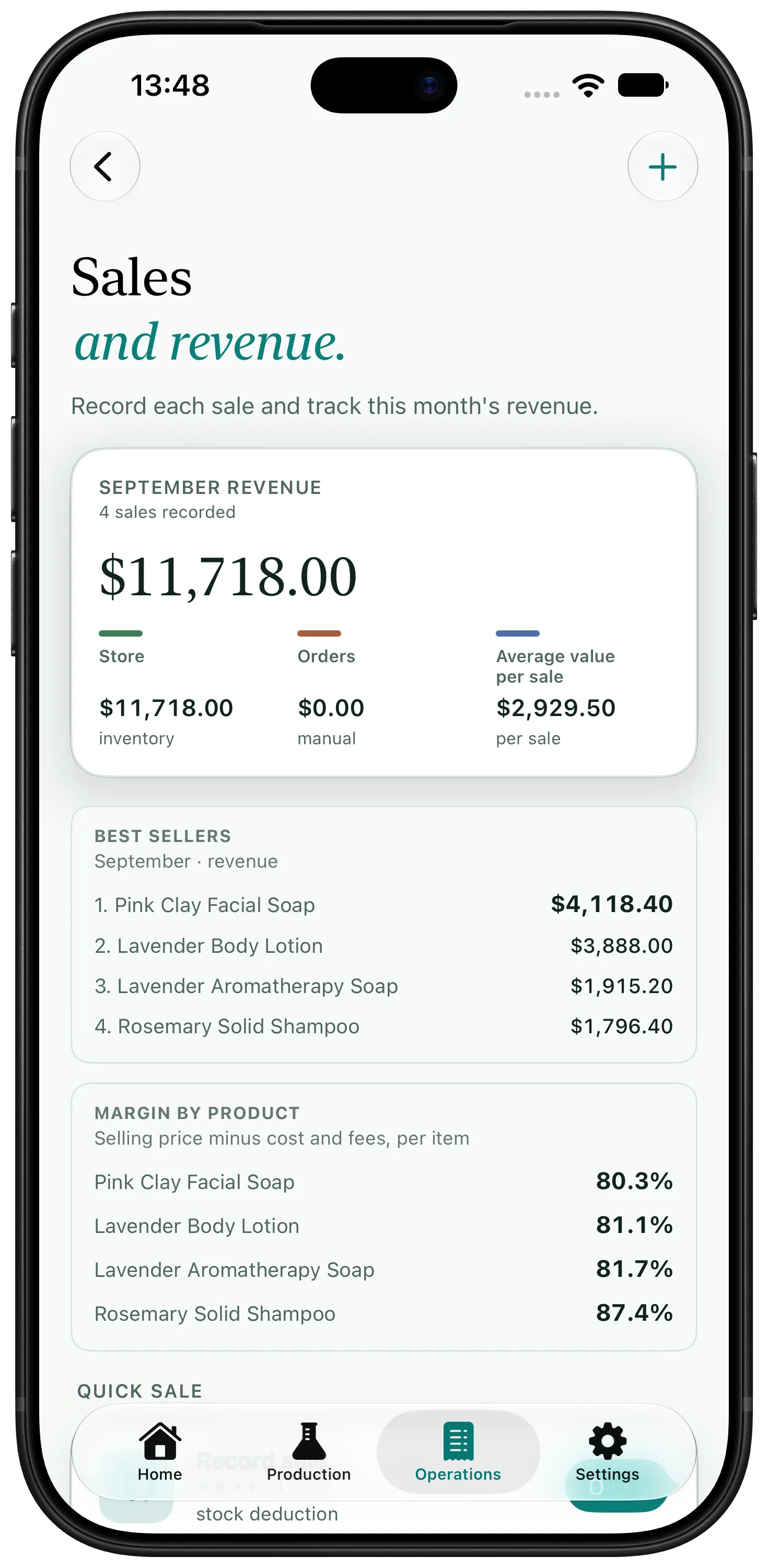 Artisan View screen showing monthly revenue, quick sale, and sales history for a soapmaking business
