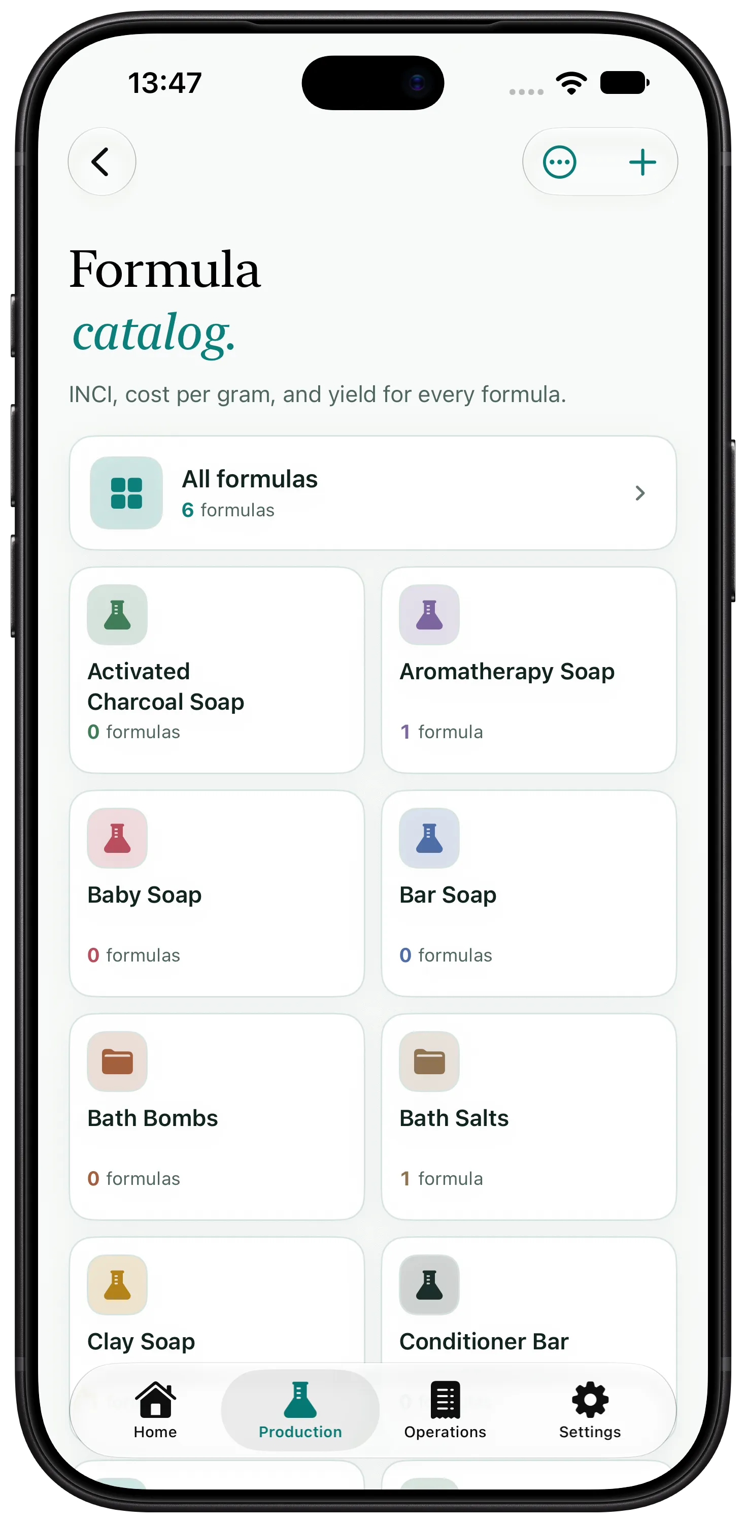 Artisan View screen showing cosmetic formulas and formula records