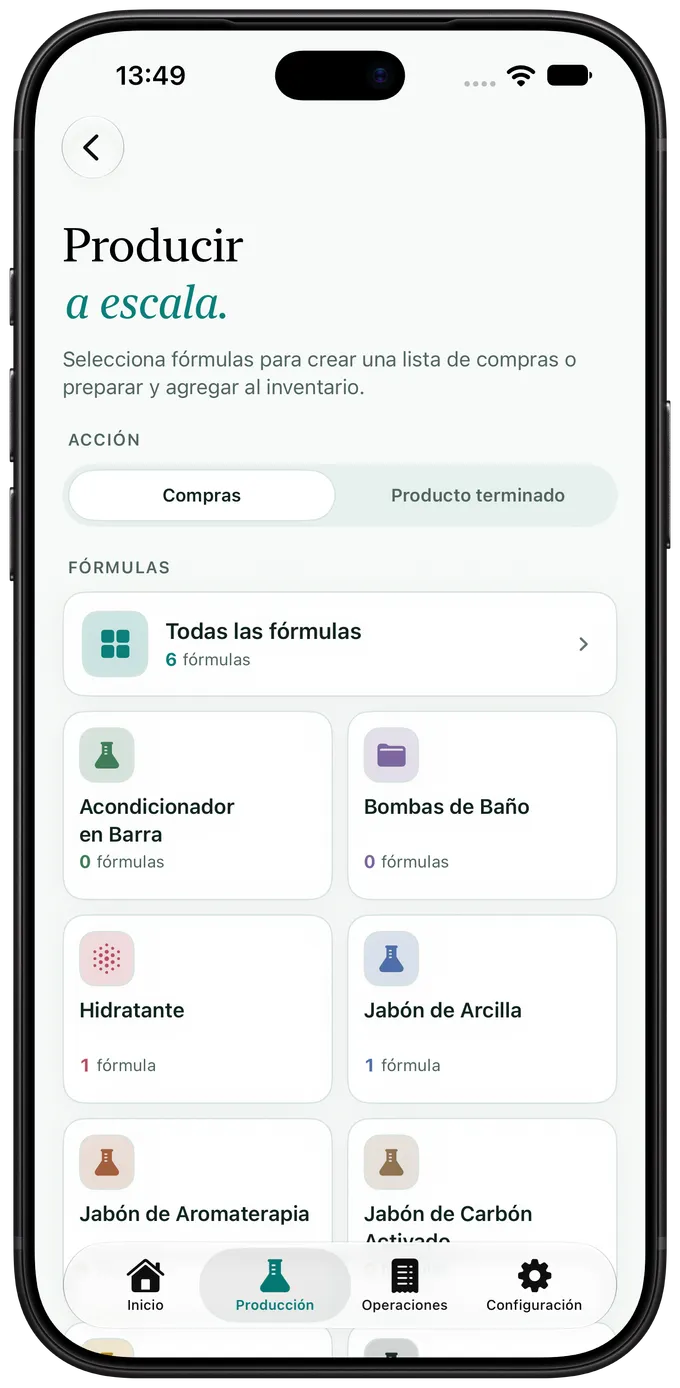 Pantalla para producir un lote en Artisan View, con fórmulas elegidas para la lista de compras