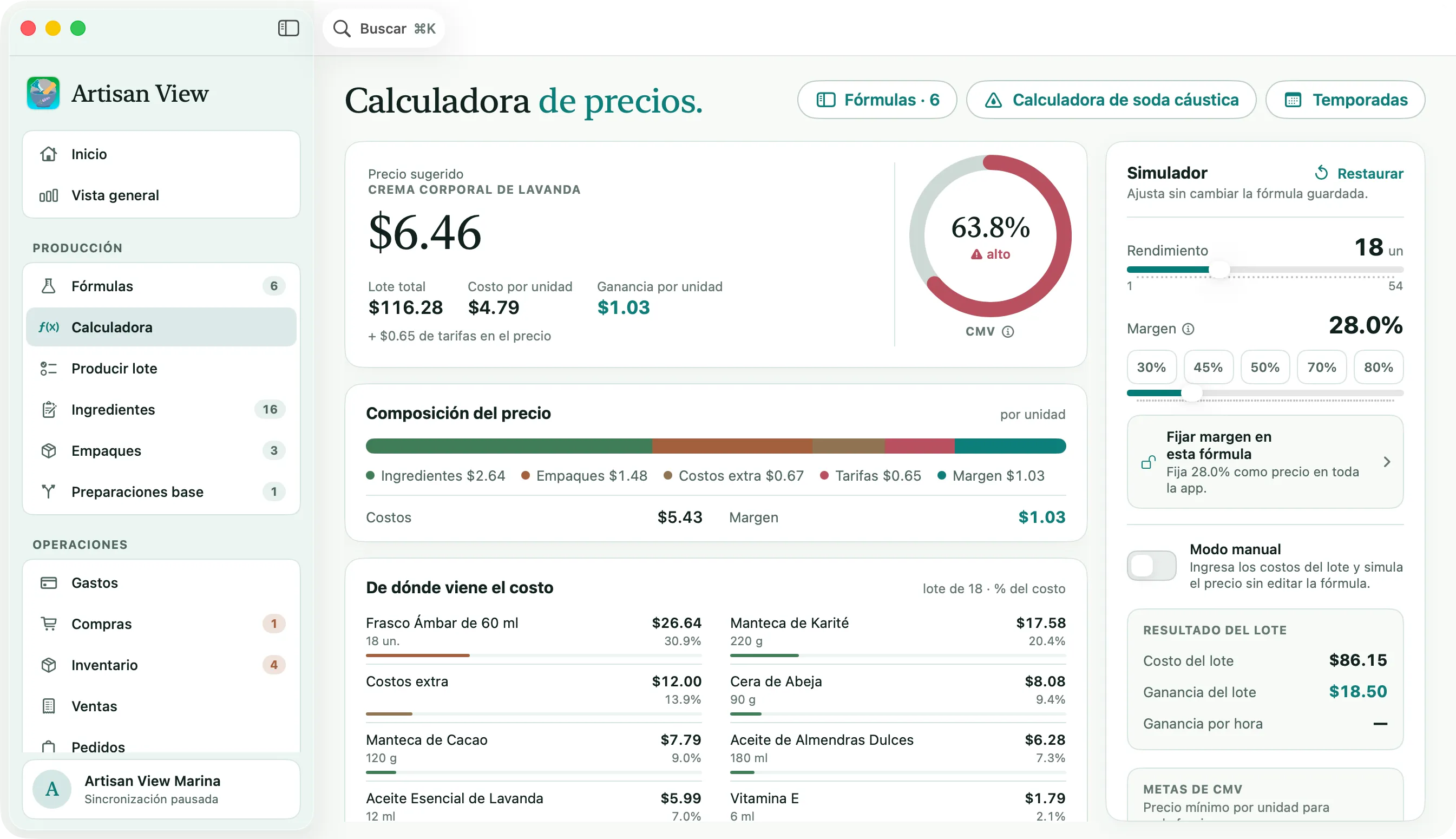 Artisan View en Mac, en español, con la calculadora de precios abierta
